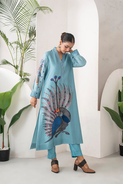 Sky Blue Silk Chanderi Striking Peacock Illustration Printed Tunic (1 PC)