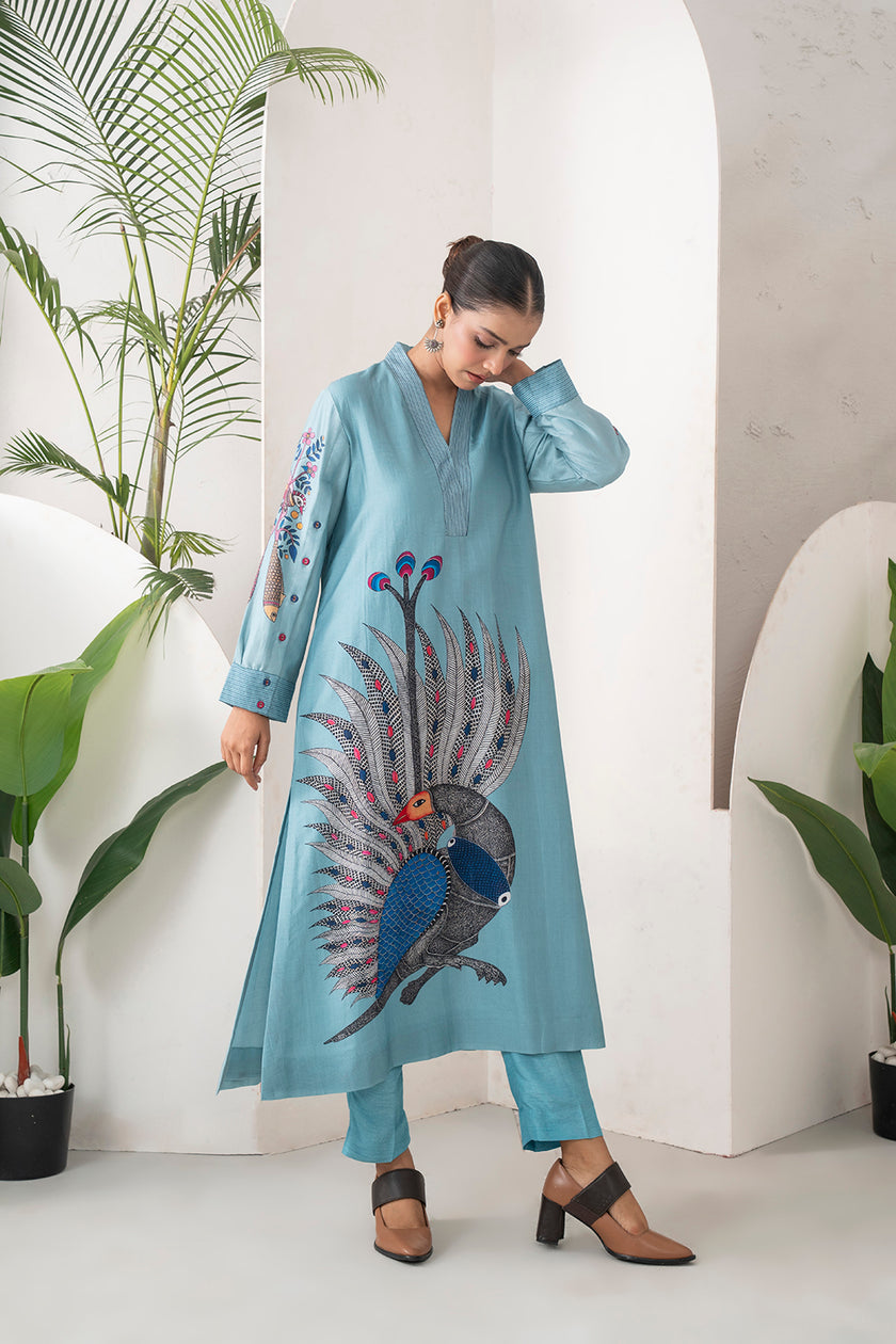 Sky Blue Silk Chanderi Striking Peacock Illustration Printed Tunic (1 PC)