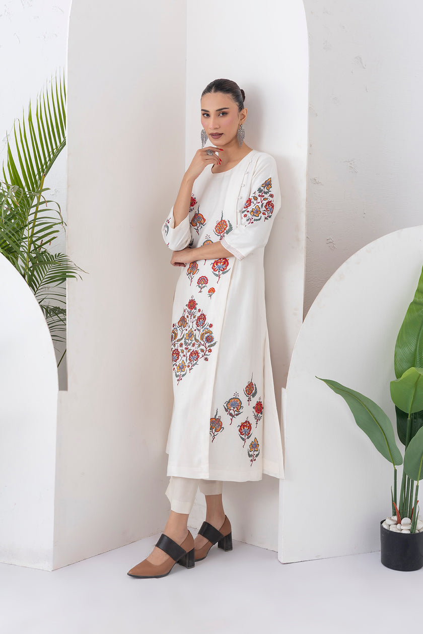 Ivory Silk Chanderi Printed Side Panel Dress (1 PC)