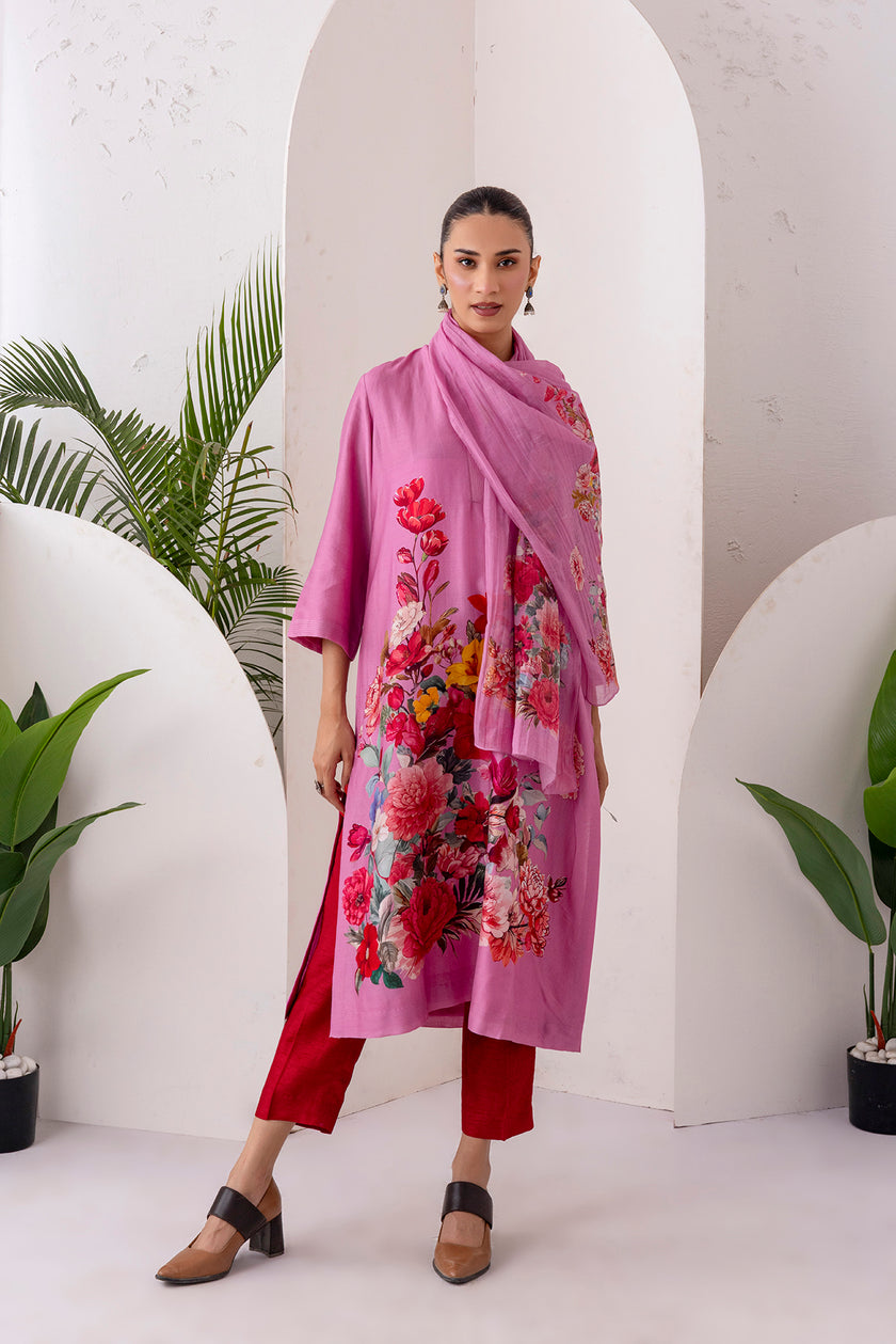 Salmon Pink Thin Chanderi Printed Stole (1 PC)