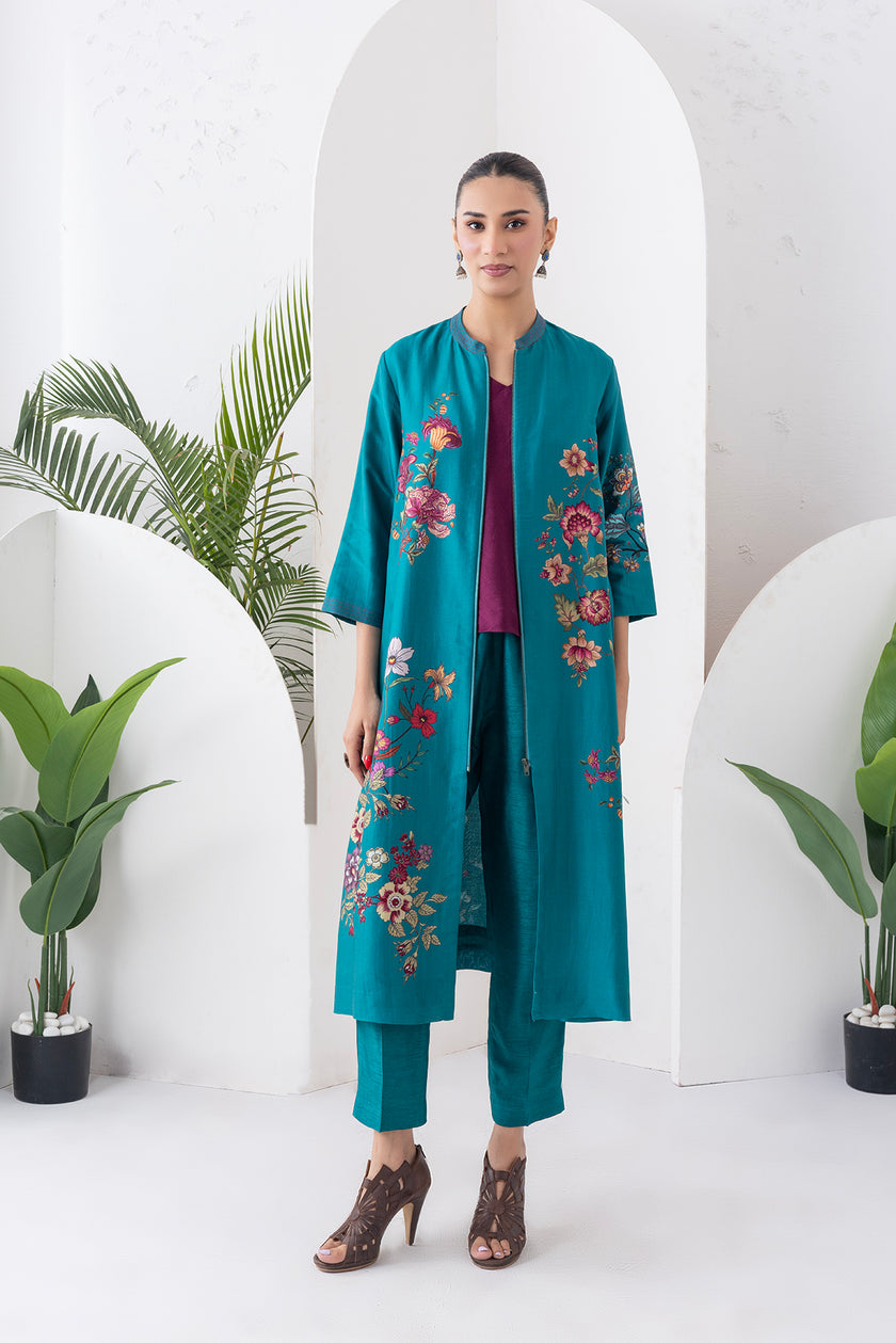 Emerald Silk Chanderi Floral Printed Front-Zip Dress (1 PC)