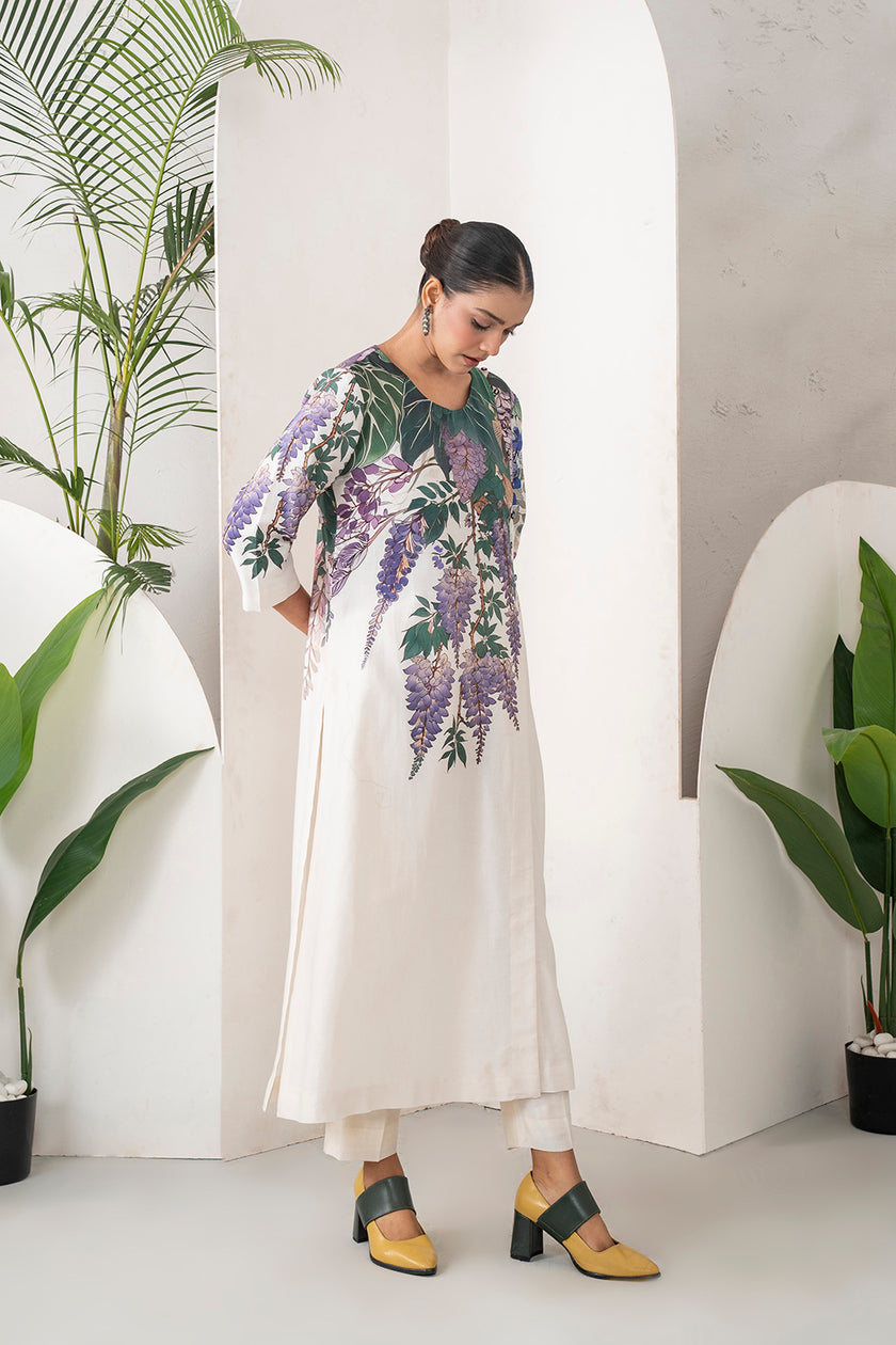 Ivory Silk Chanderi Side Panel Wisteria Printed Dress (1 PC)