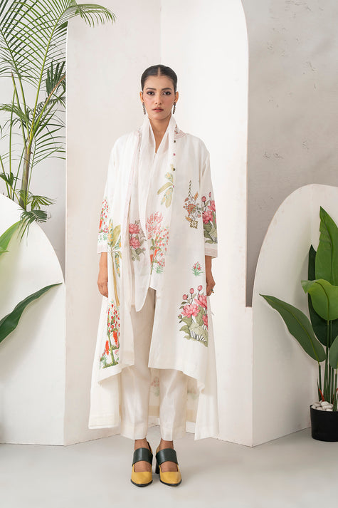 Ivory Silk Chanderi Miniature Art Printed High-Low Dress (1 PC)