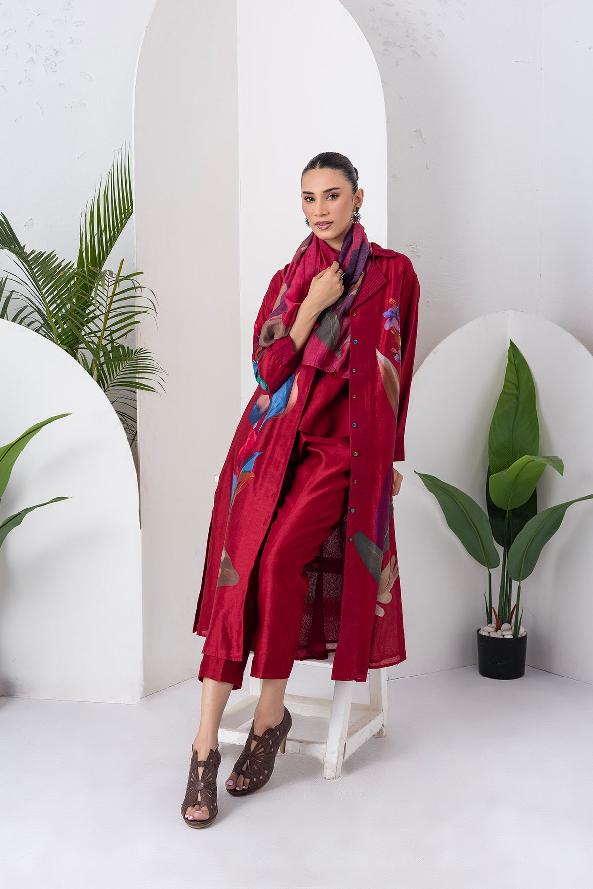 Red Silk Chanderi Printed Front Open Dress (1 PC)