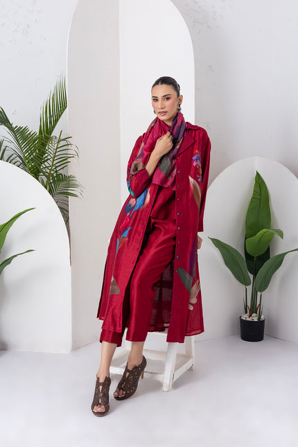 Red Silk Chanderi Printed Front Open Dress (1 PC)