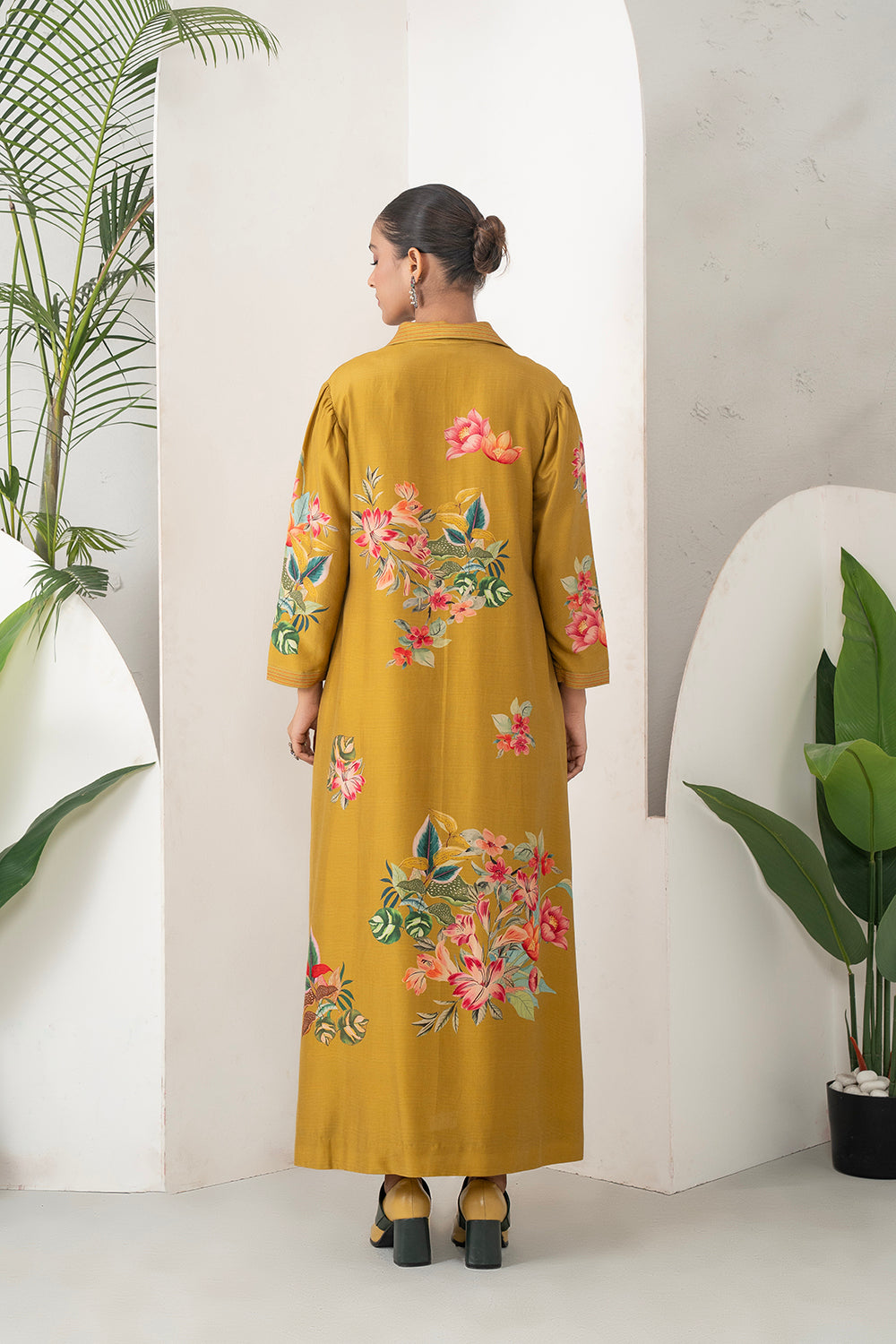 Mustard Silk Chanderi Front Pleat Detailed Colourful Floral Printed Dress (1 PC)