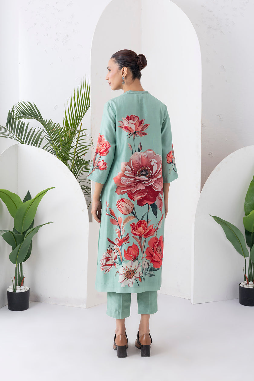 Mint Green Silk Chanderi Bloom-Inspired Printed Tunic (1 PC)