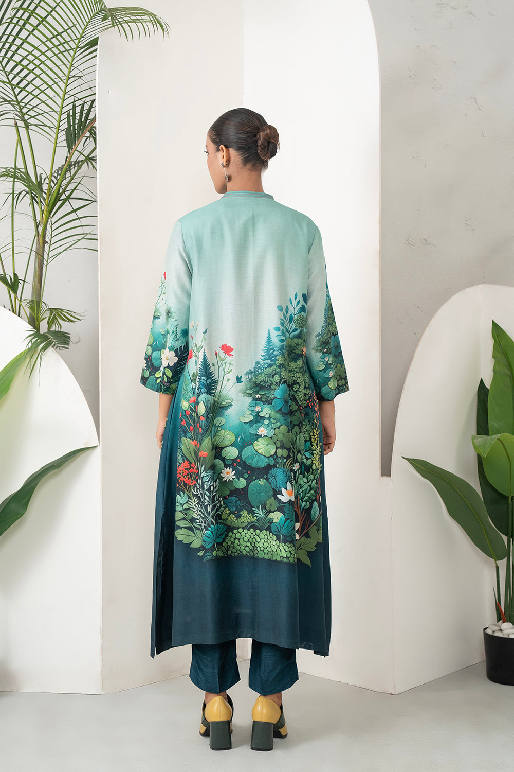 Blue Fades Gently From Mint To Midnight Silk Chanderi Hand-Painted Garden Printed Dress (1 PC)