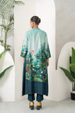 Blue Fades Gently From Mint To Midnight Silk Chanderi Hand-Painted Garden Printed Dress (1 PC)