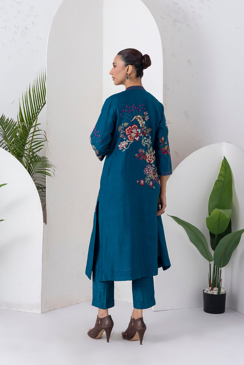 Indigo Silk Chanderi Floral Printed Front-Zip Dress (1 PC)