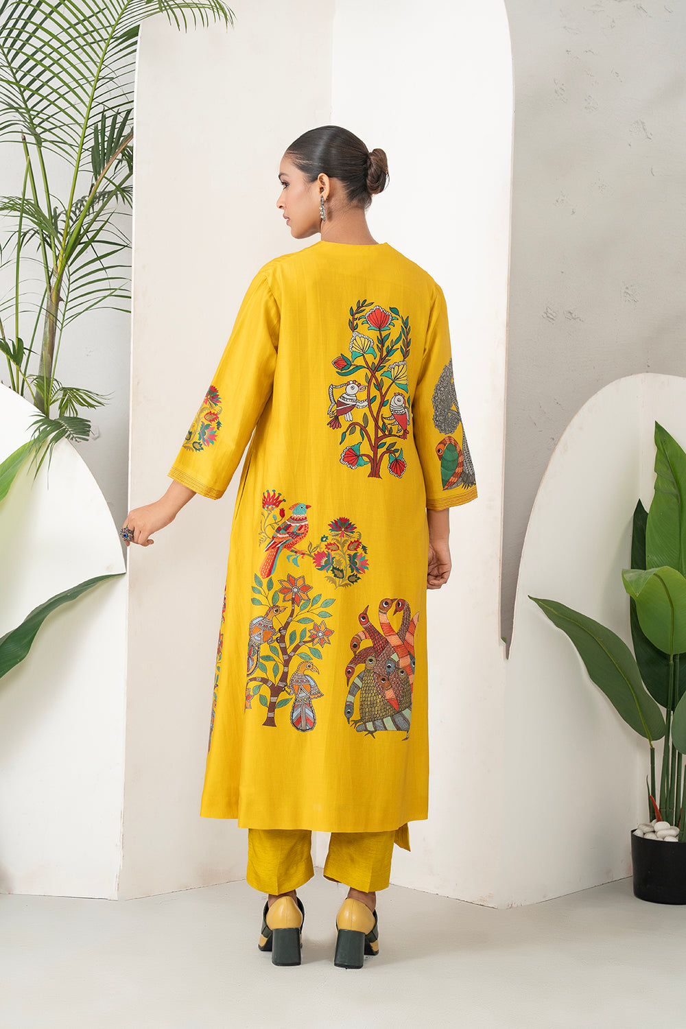 Yellow Silk Chanderi Front Open Striking Bird And Floral Printed Dress (1 PC)