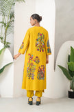 Yellow Silk Chanderi Front Open Striking Bird And Floral Printed Dress (1 PC)