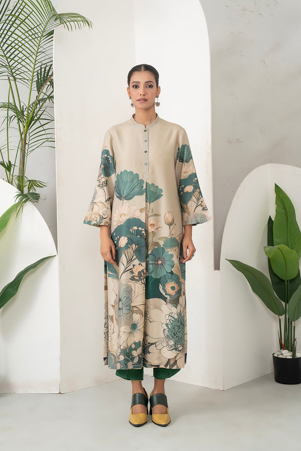 Beige Silk Chanderi Delicate Floral Artwork Printed Tunic (1 PC)