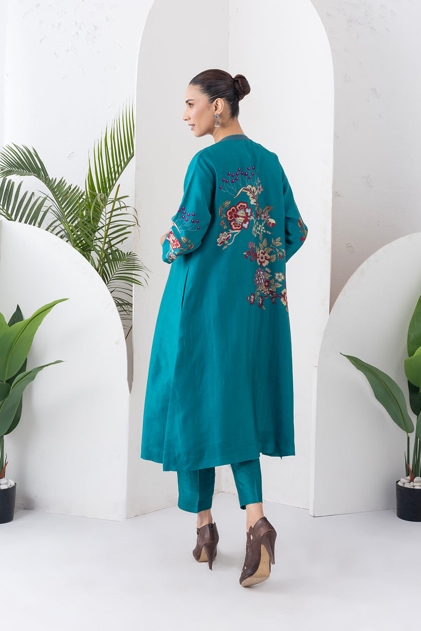 Emerald Silk Chanderi Floral Printed Front Open Dress (1 PC)