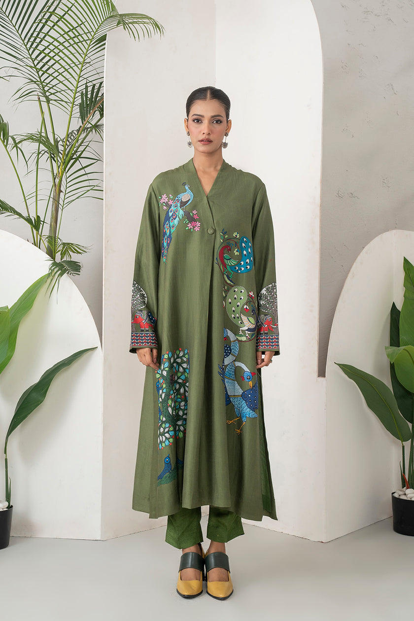 Leaf Green Silk Chanderi Front-Pleated Striking Peacock And Bird Printed Dress (1 PC)