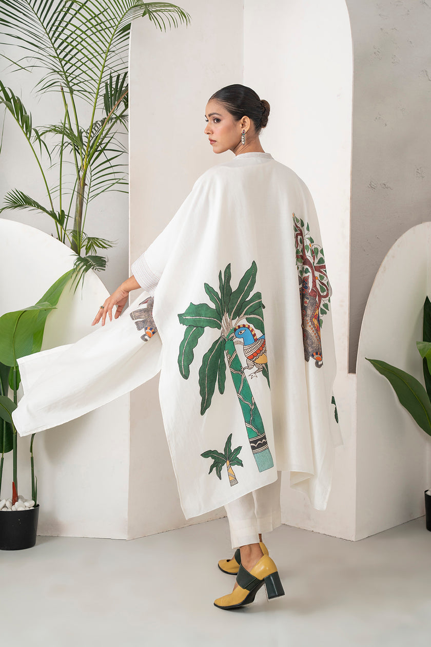 Ivory Silk Chanderi Elephant And Tropical Foliage Printed Kaftan (1 PC)