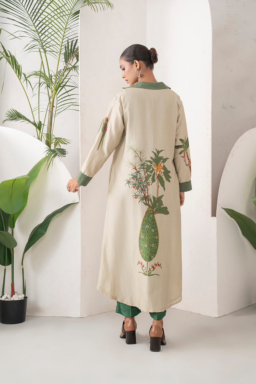 Beige Silk Chanderi Nature-Inspired Printed Dress (1 PC)