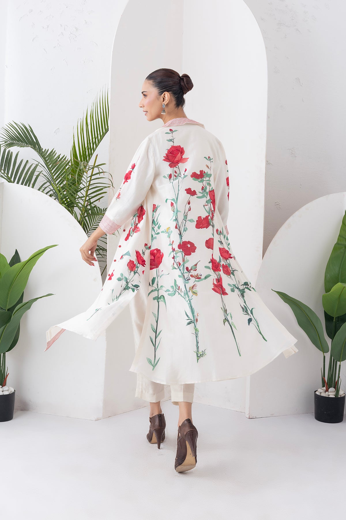 Ivory Silk Chanderi Front Open Printed Dress (1 PC)