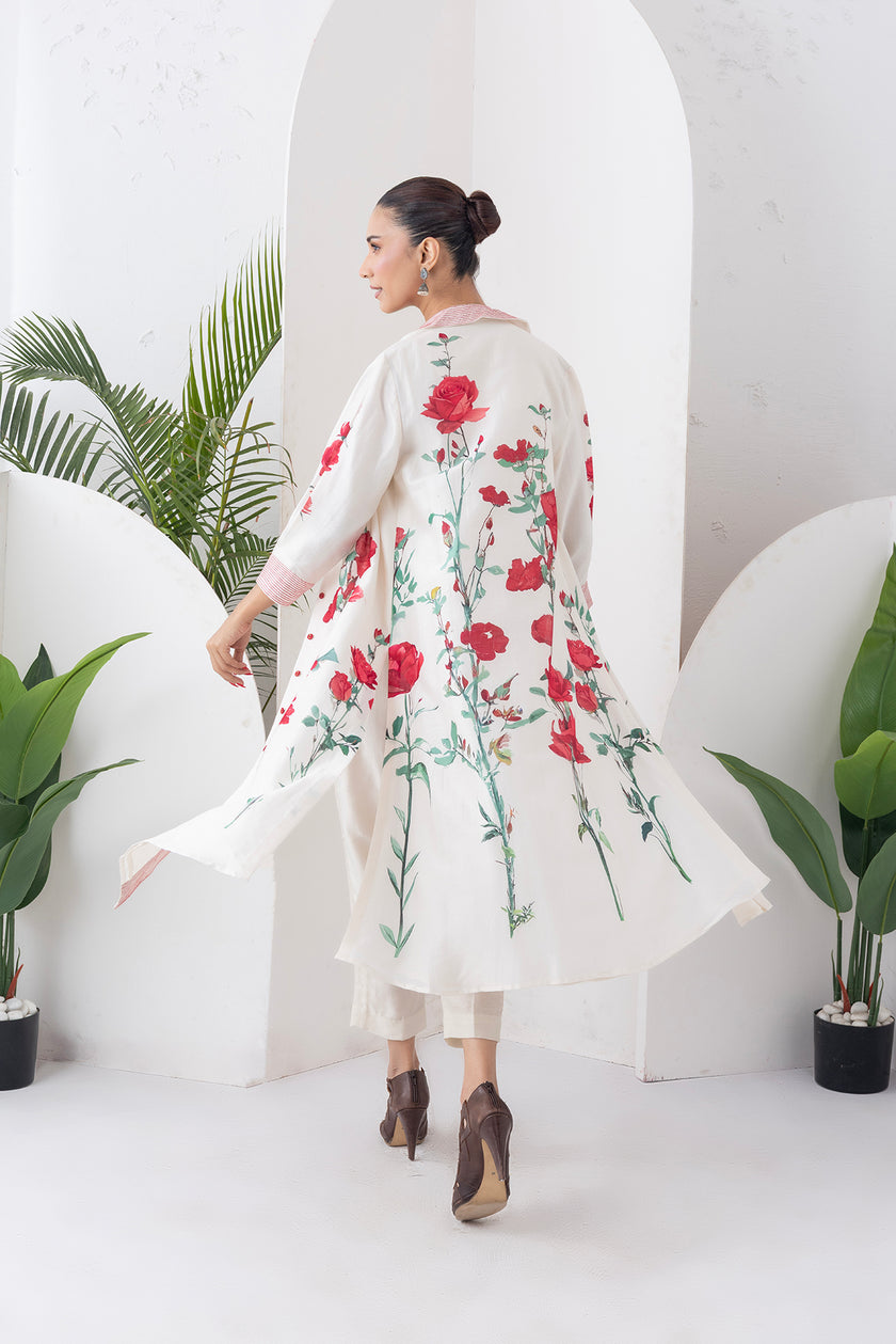 Ivory Silk Chanderi Front Open Printed Dress (1 PC)