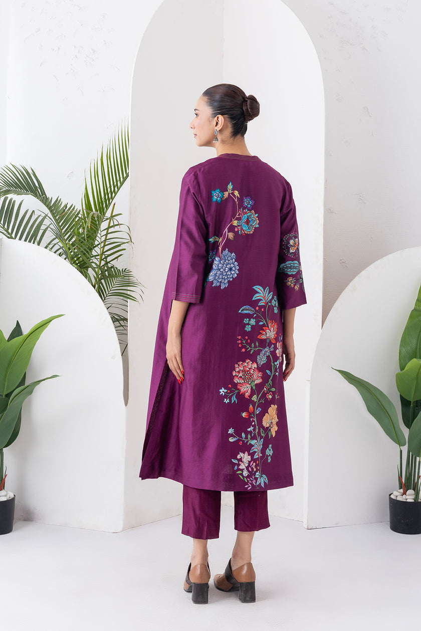 Wine Silk Chanderi Floral Printed Front Open Dress (1 PC)