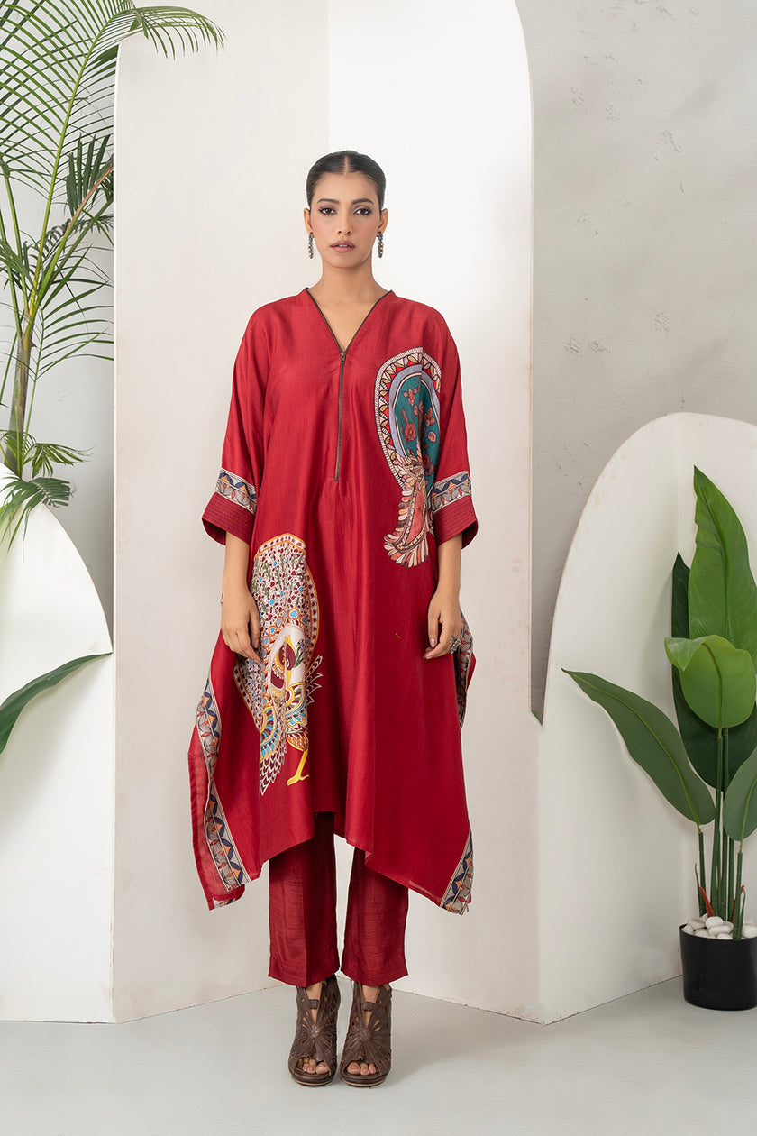 Maroon Silk Chanderi Bold Peacock Printed Zippered Kaftan (1 PC)
