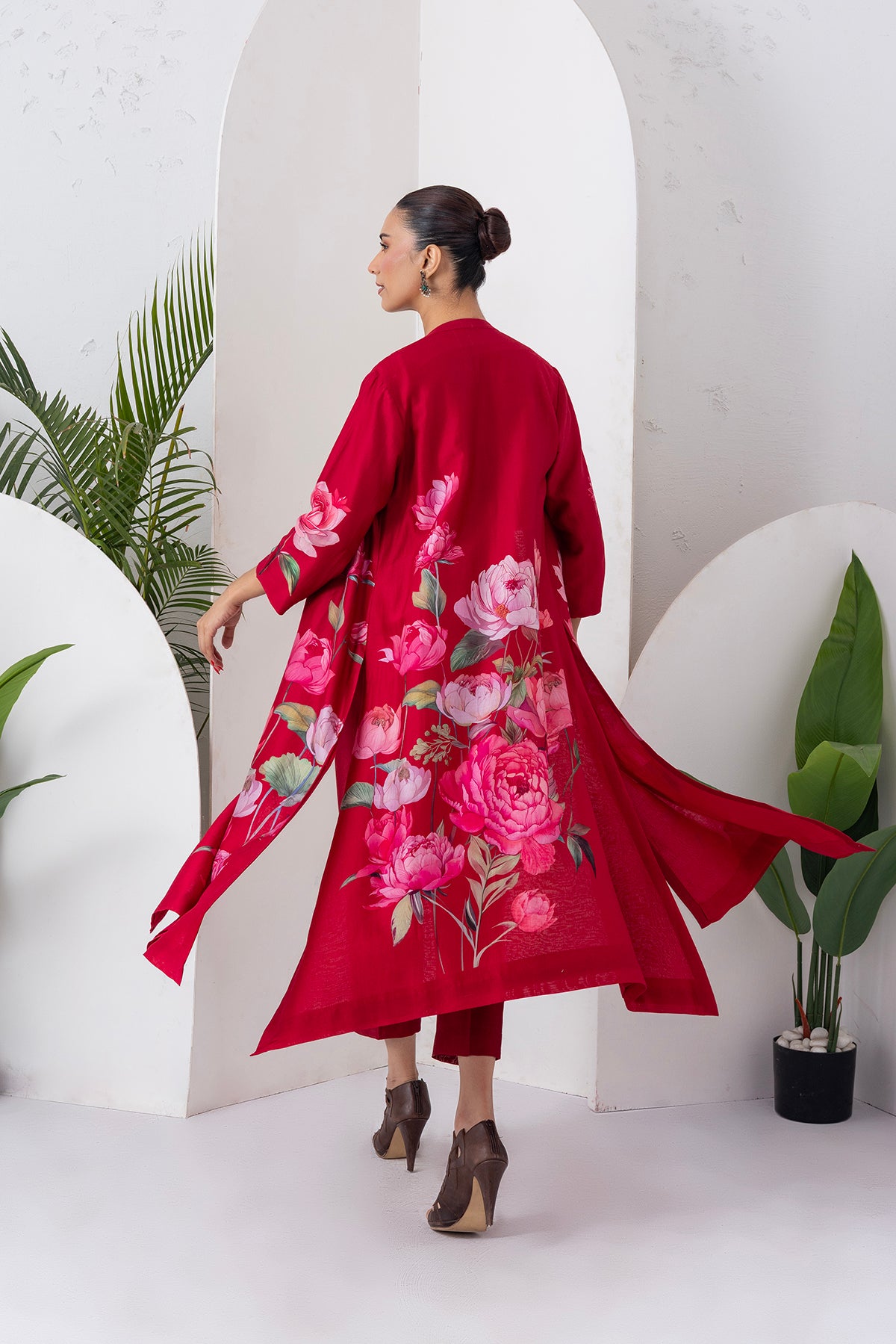Maroon Silk Chanderi Printed Front Open Dress (1 PC)