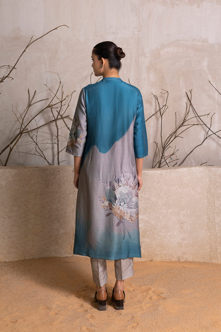 Denim Blue & Grey Shaded Silk Chanderi Printed Tunic (1 PC)