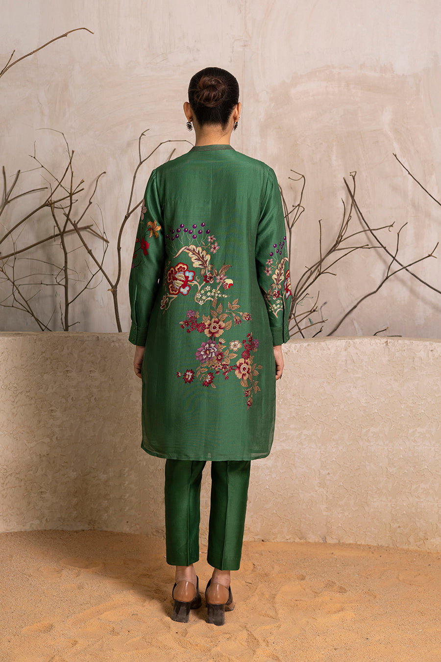 Green Silk Chanderi Floral Printed Shirt Style Tunic (1 PC)