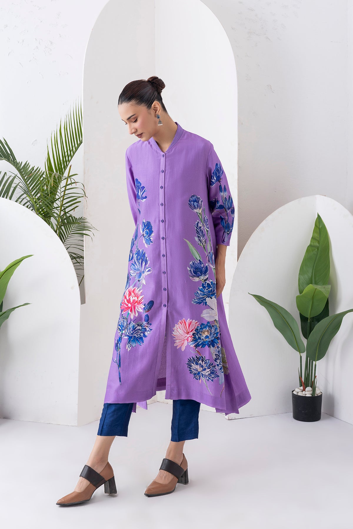 Lavender Silk Chanderi Front Open Printed Dress (1 PC)