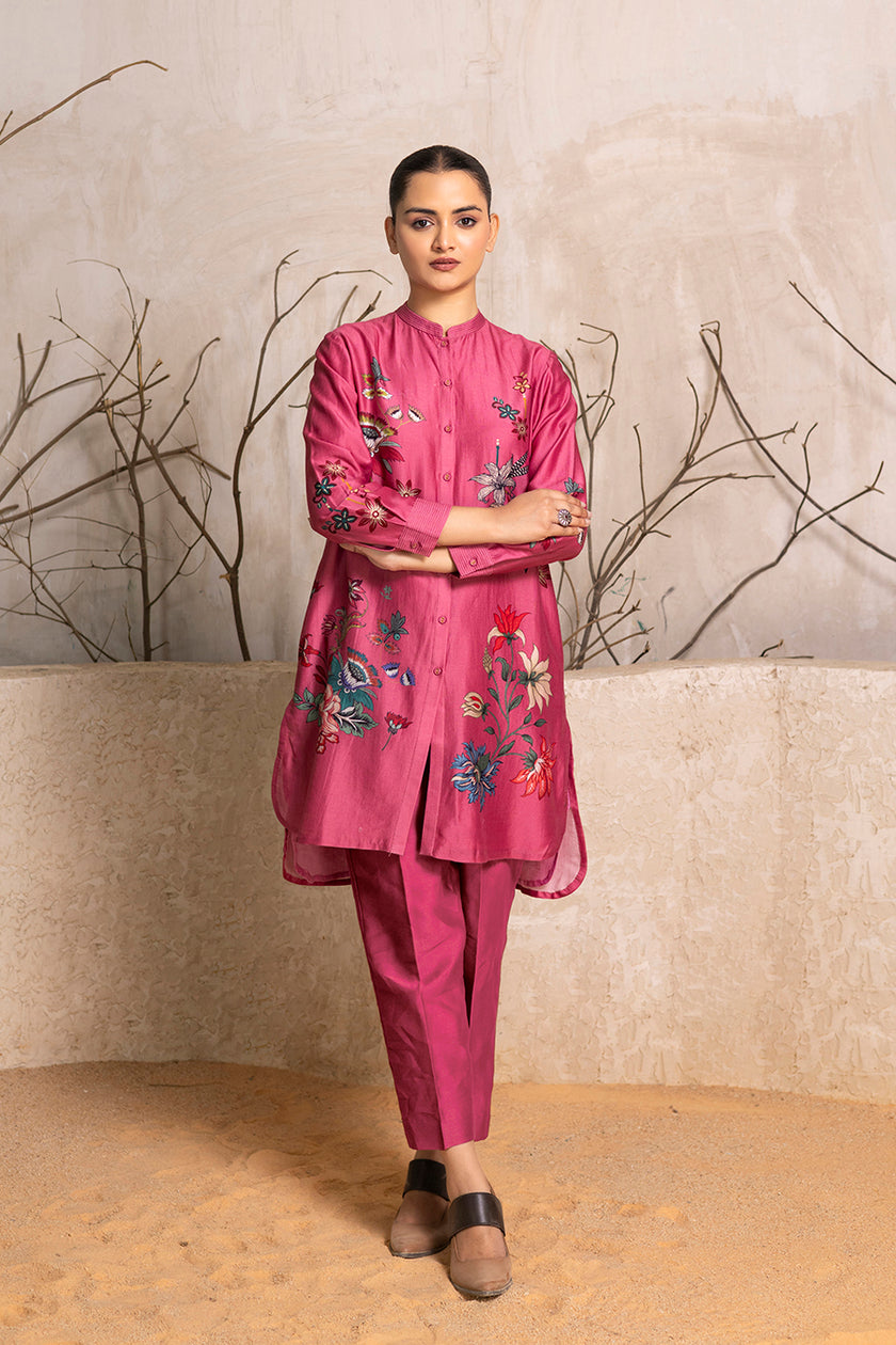 Old Rose Silk Chanderi Printed Shirt Style Tunic (1 PC)