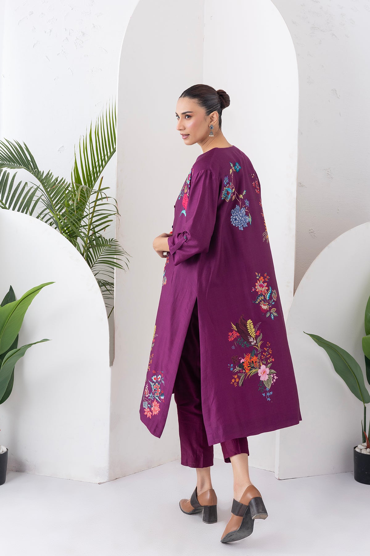 Wine Silk Chanderi Printed High-Low Dress (1 PC)