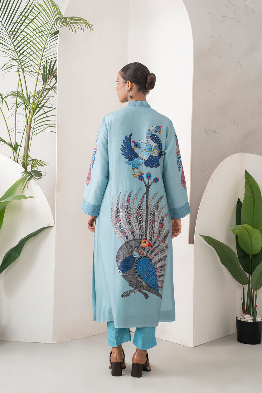 Sky Blue Silk Chanderi Striking Peacock Illustration Printed Tunic (1 PC)