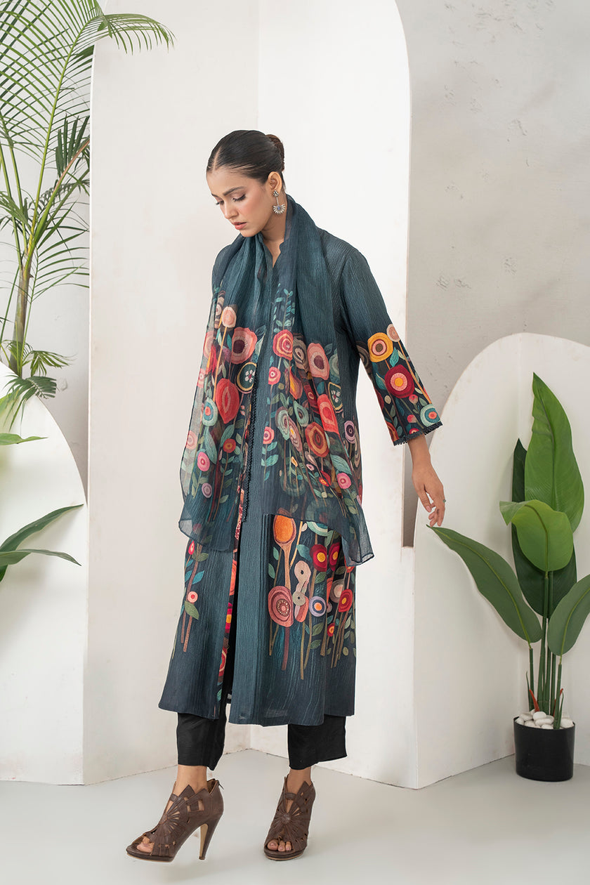 Charcoal Thin Chanderi Striking Floral Illustration Printed Stole (1 PC)