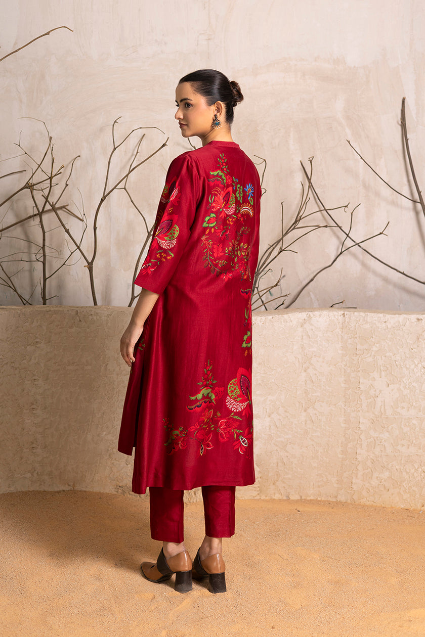 Red Silk Chanderi Printed Front Open Floral Dress (1 PC)