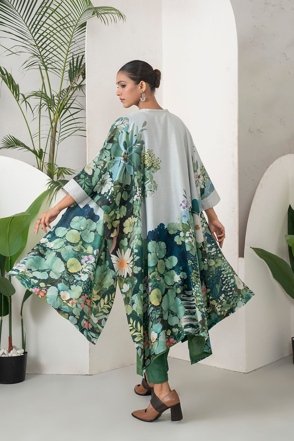 Ivory Silk Chanderi Vivid Garden Illustration Printed Kaftan (1 PC)