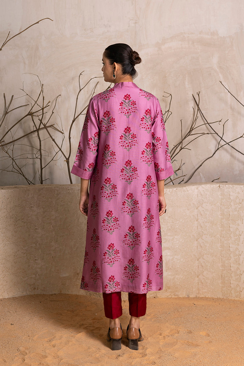 Salmon Pink Silk Chanderi Floral Boota Printed Tunic (1 PC)