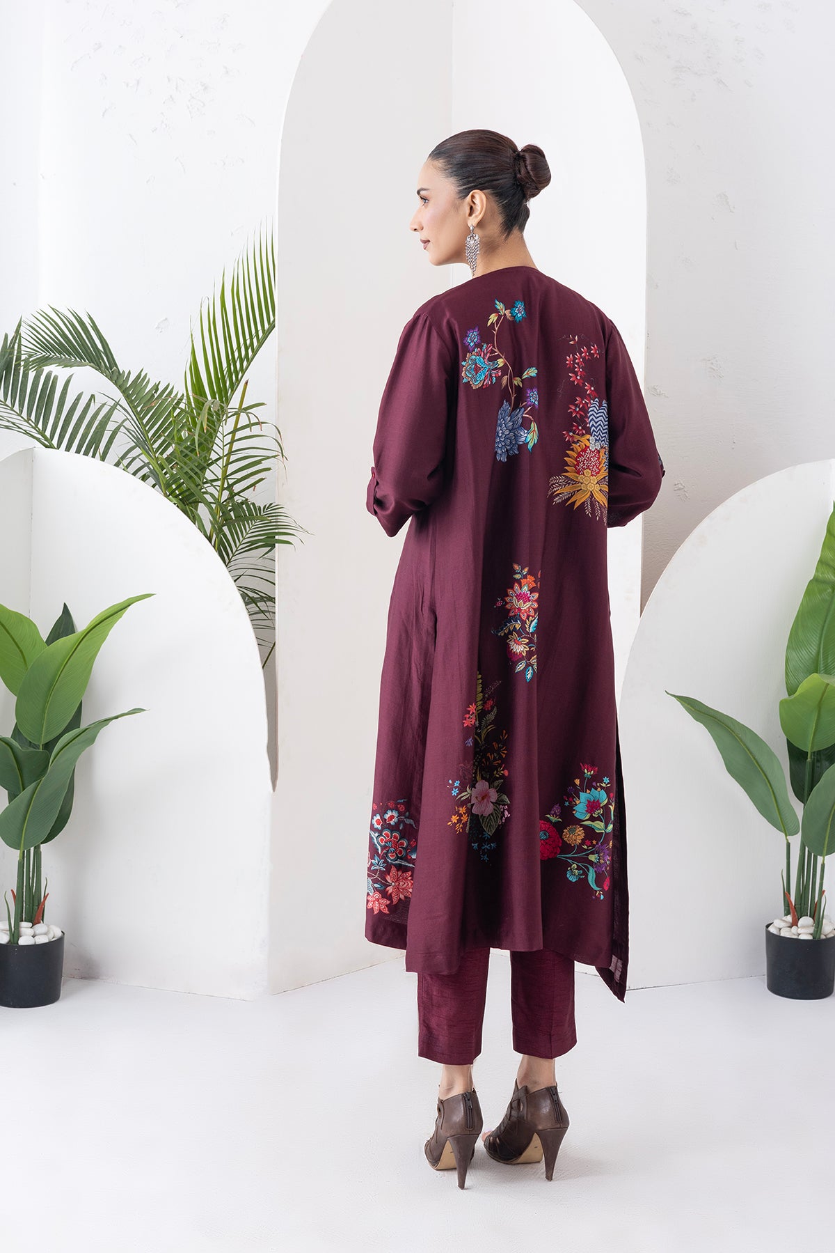 Chocolate Brown Silk Chanderi Printed High-Low Dress (1 PC)
