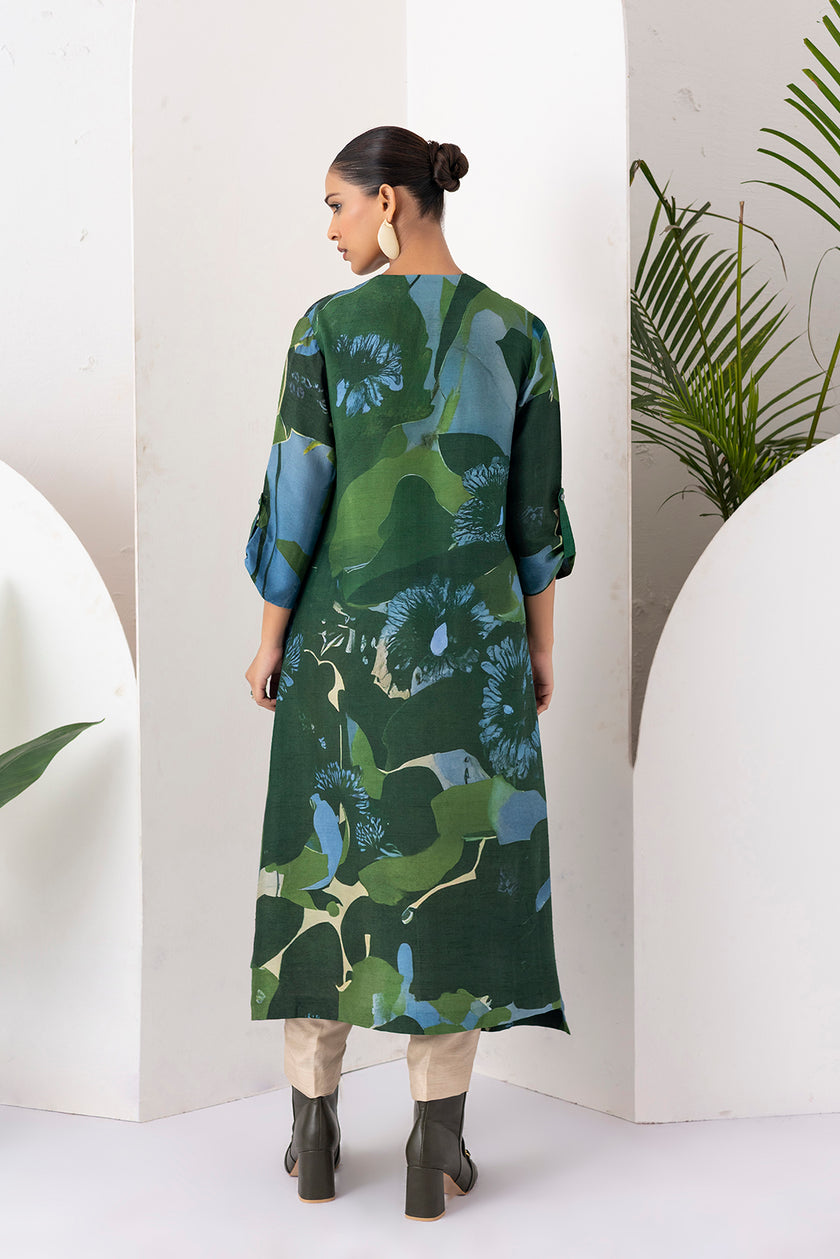 Green & Blue Viscose Dupion Printed Dress (1 PC)