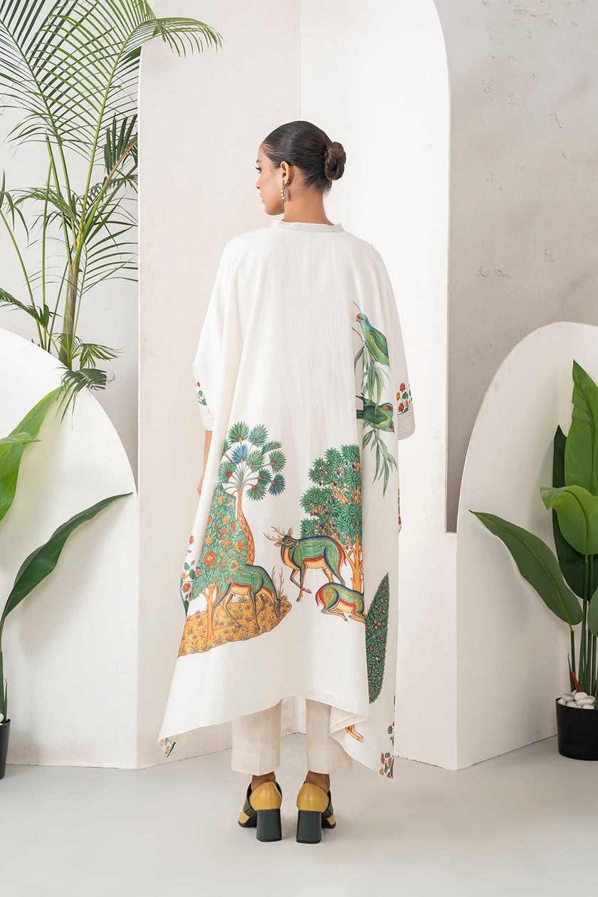 Ivory Silk Chanderi Folk Tale Printed Kaftan (1 PC)