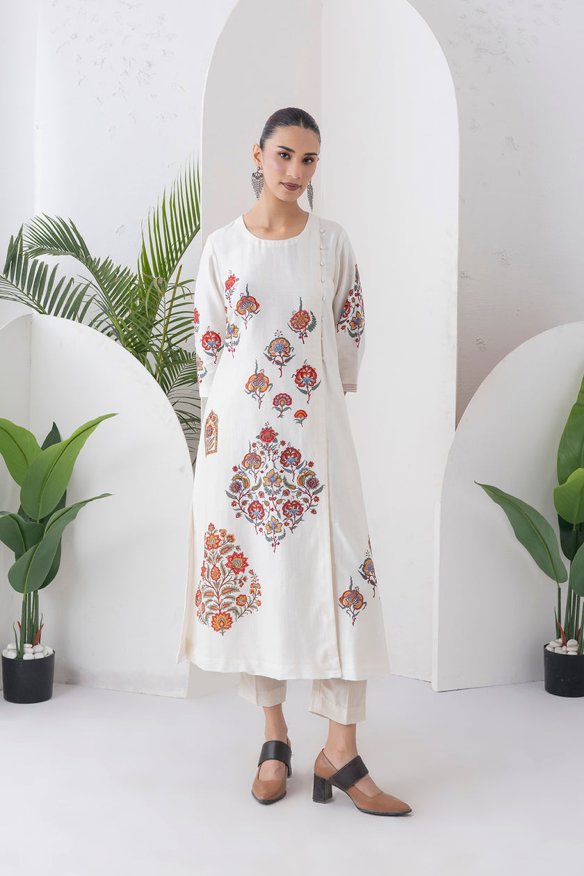 Ivory Silk Chanderi Printed Side Panel Dress (1 PC)