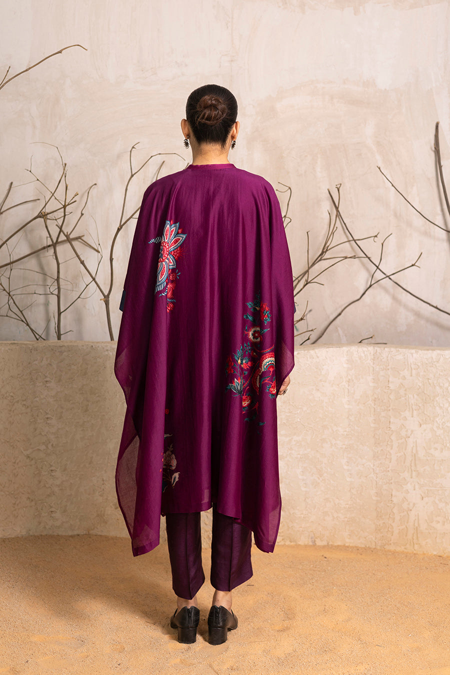 Wine Silk Chanderi Printed Kaftan Style Dress (1 PC)