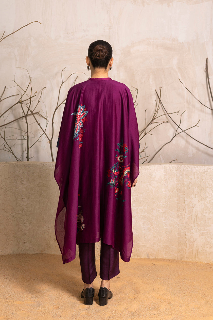 Wine Silk Chanderi Printed Kaftan Style Dress (1 PC)