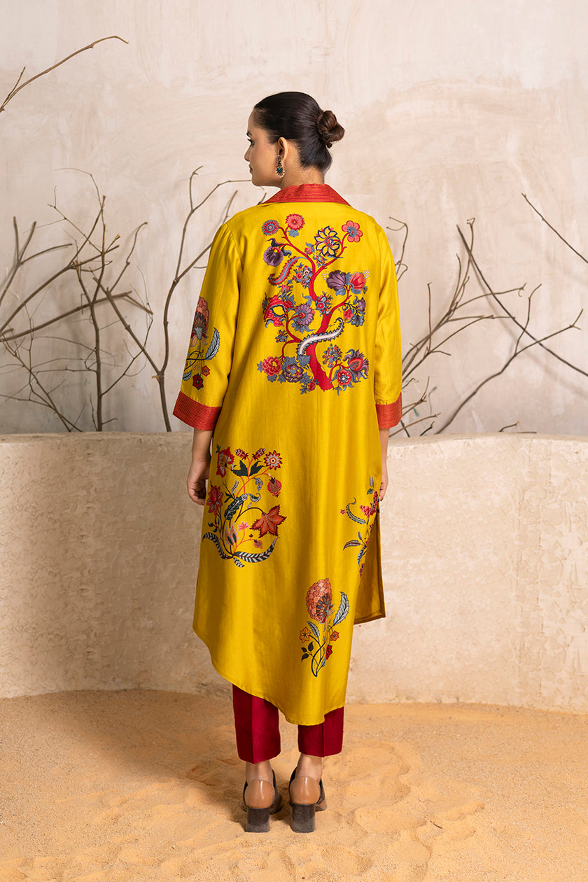Yellow Silk Chanderi Chintz Printed Front Open Dress (1 PC)