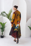 Mustard & Brown Viscose Dupion Printed Front Open Dress (1 PC)