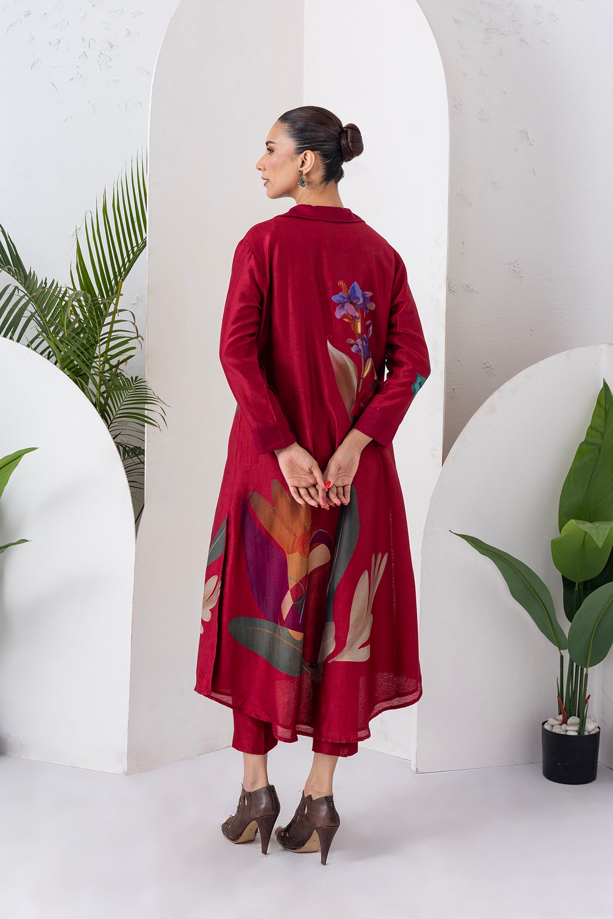 Red Silk Chanderi Printed Front Open Dress (1 PC)