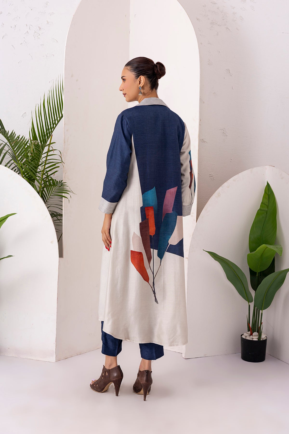 Blue & Ivory Silk Chanderi Printed Front Open Dress (1 PC)