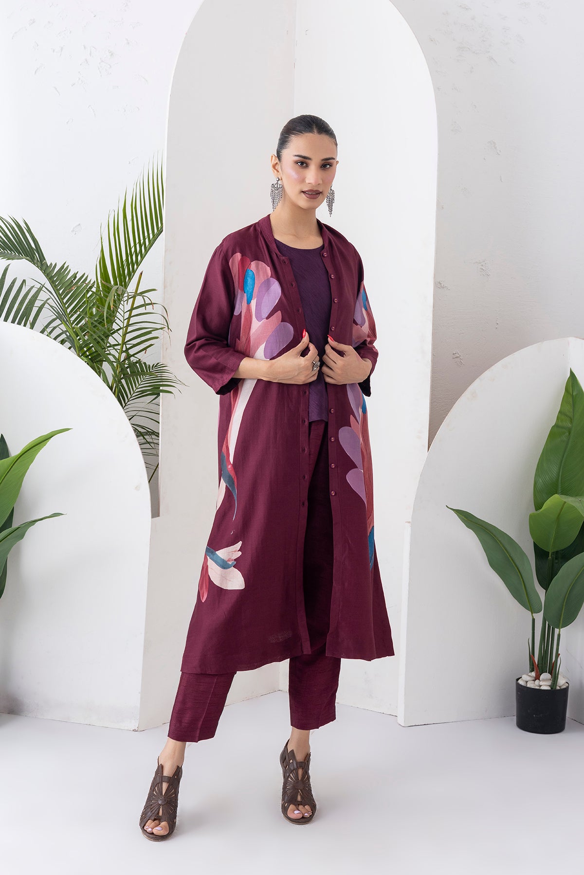 Chocolate Brown Silk Chanderi Printed Dress (1 PC)