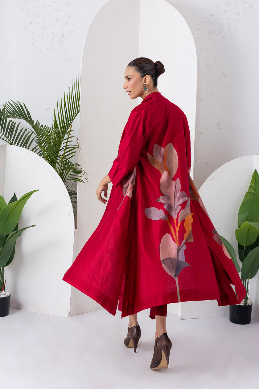 Maroon Silk Chanderi Leaf Printed Dress (1 PC)