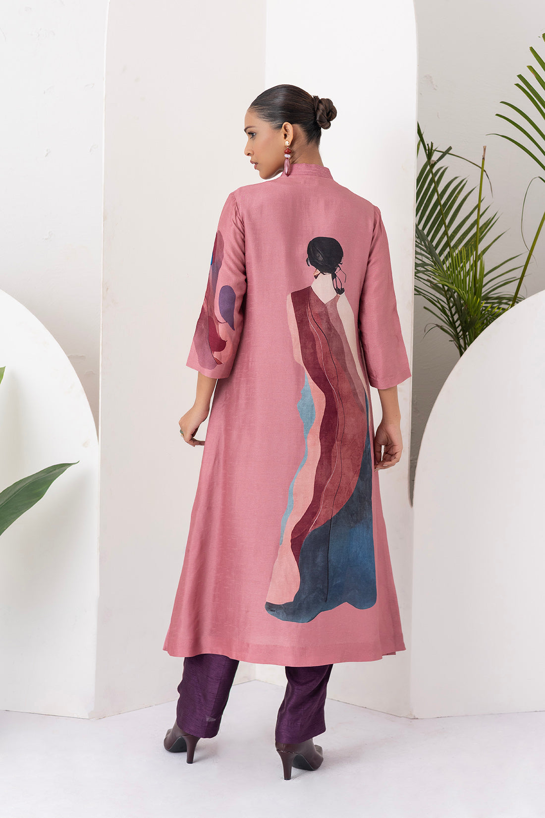 Salmon Pink Viscose Dupion Printed Dress (1 PC)