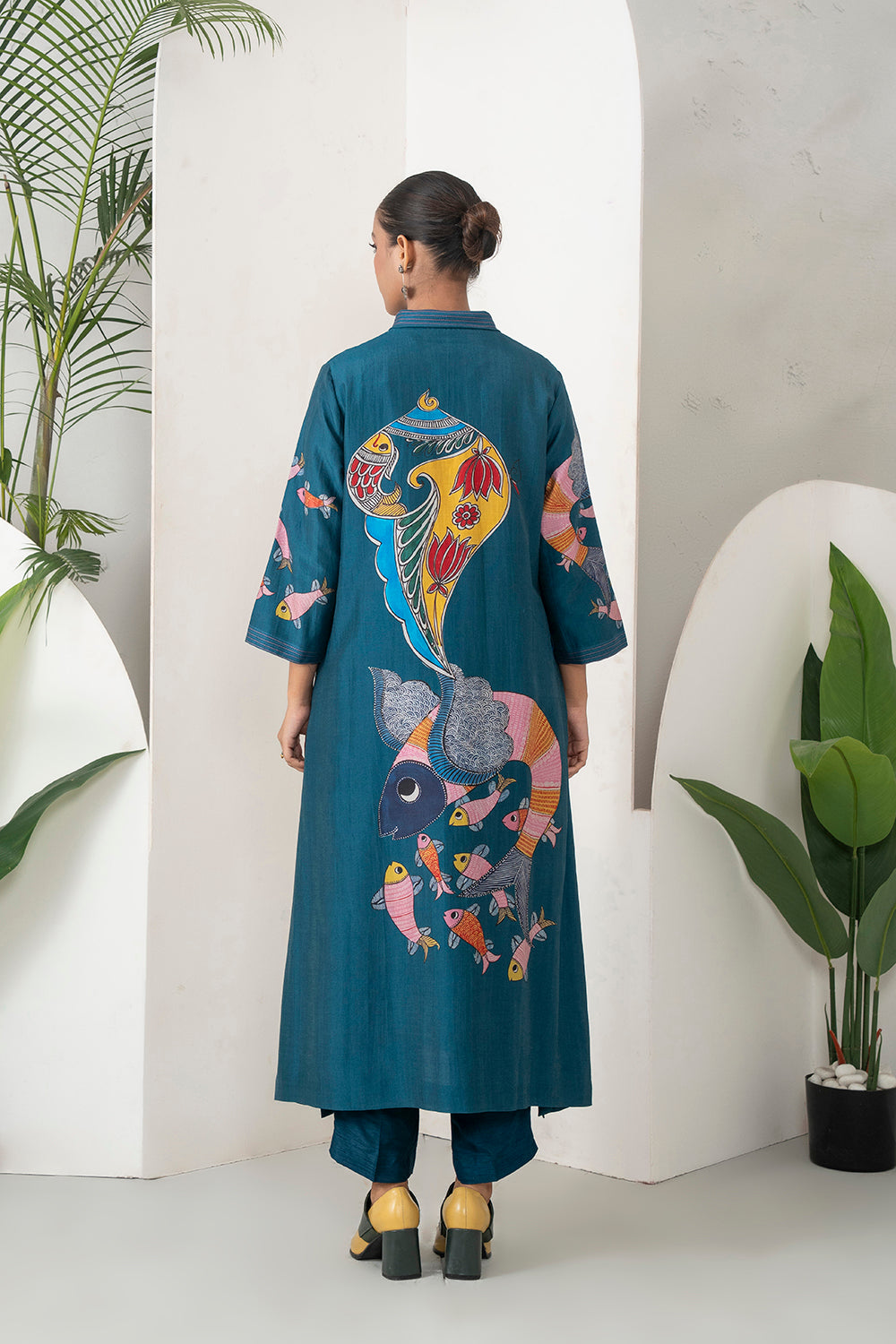 Indigo Silk Chanderi Playful Aquatic Motif Printed Dress (1 PC)